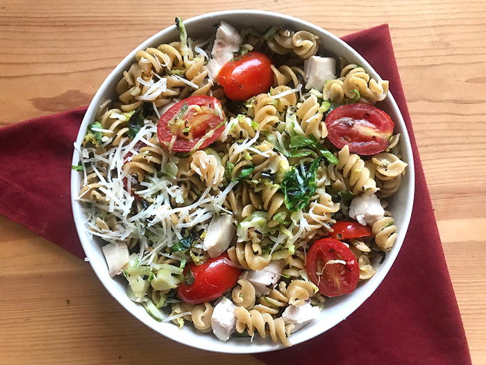 Brussels Sprouts, Tomato, and Chicken Pasta with Parmesan