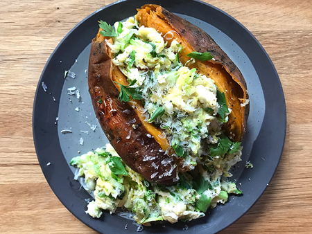 Egg-Stuffed Sweet Potato with Brussels Sprouts and Parmesan