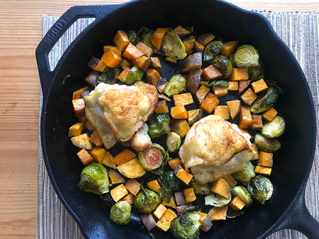 Skillet Chicken, Sweet Potato, and Brussels Sprouts