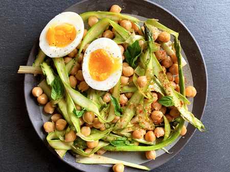 Shaved Asparagus Salad with Chickpeas, Parmesan, and Soft-Boiled Egg
