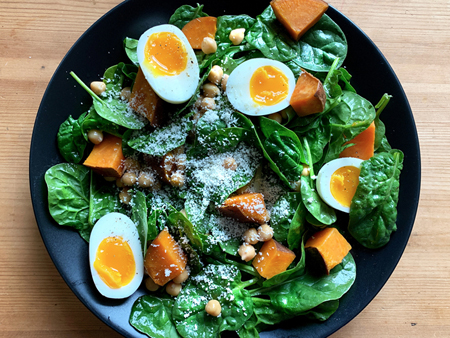 Spinach Salad with Chickpeas, Sweet Potato, and Soft-Boiled Egg