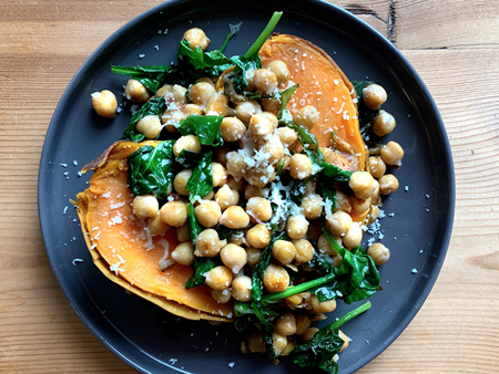 Sweet Potato with Chickpeas, Parmesan, and Spinach